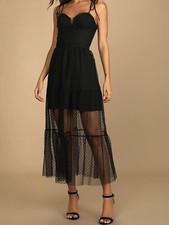 NWT Lulus Romantic Spot Black Polka Dot Mesh Tiered Midi Dress Size Medium