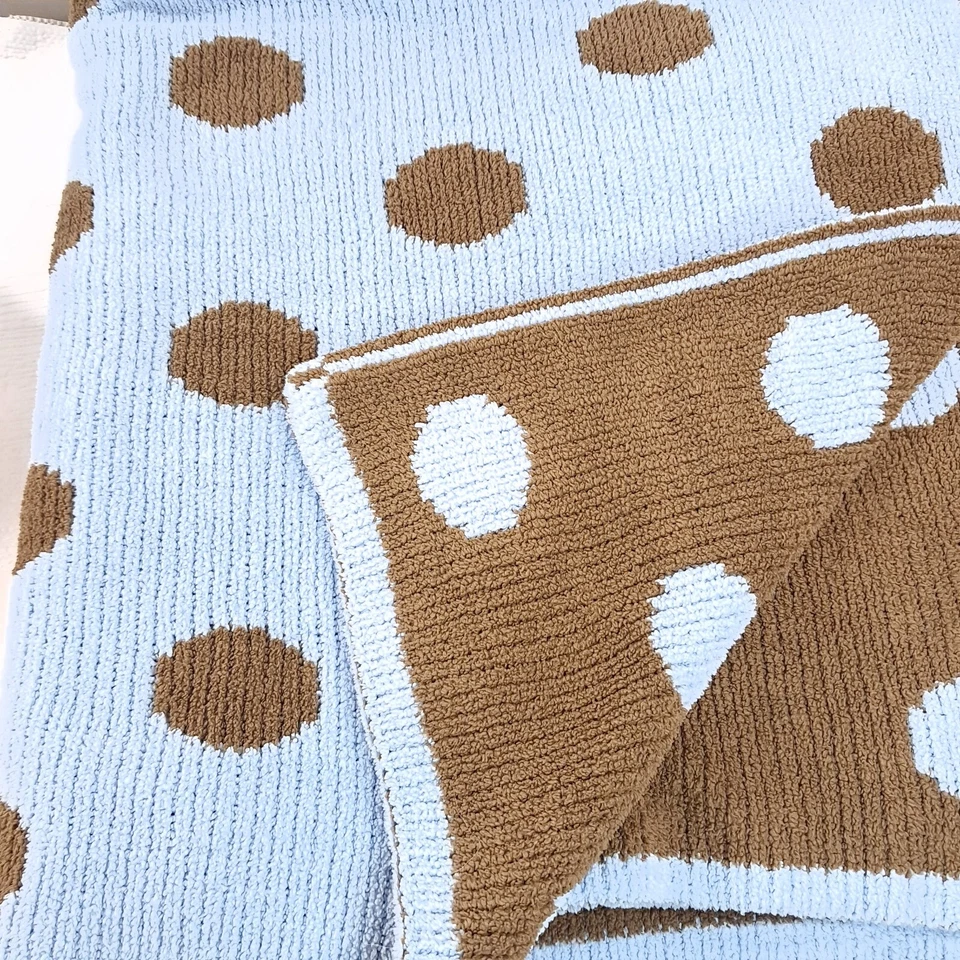 Cocalo Baby Blanket Blue Brown Polka Dot Chenille Plush sweater Knit Reversible - Image 2 of 4