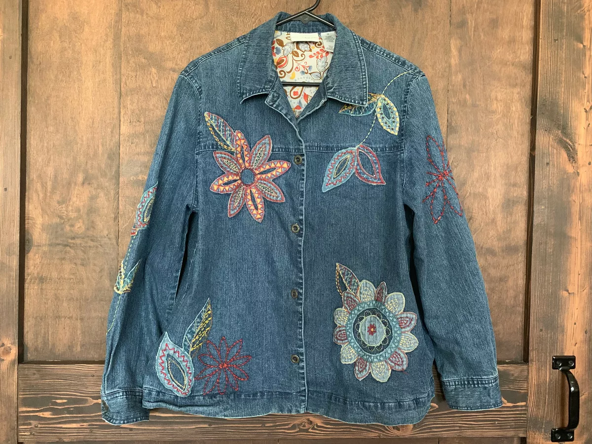 Alfred Dunner Embroidered/Beads Hippie Demin Jean Jacket Women's Size 12