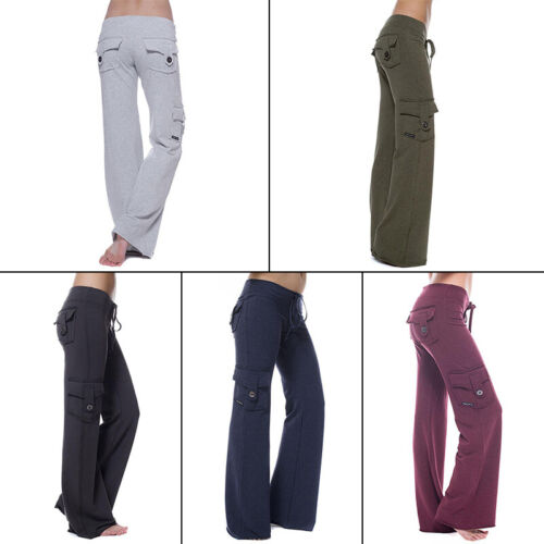 Women Cargo Pockets Wide Leg Pants Drawstring Elastic Waist Casual Yoga Trousers - Picture 3 of 25
