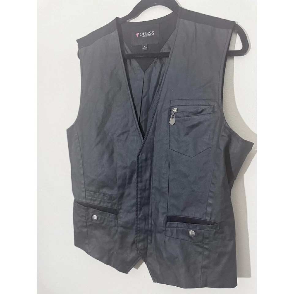 Guess Faux Leather Vest Moto Biker Style Full Zip Pockets Black XL - Image 2 of 4