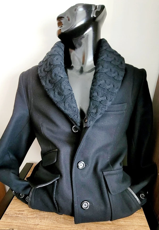 Mackage Wool Coat Men's 38 Black Lined Pockets Slim Fit Cable Knit Shawl Collar - Image 3 of 4
