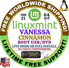 Linux MINT 21 USB VANESSA Cinnamon 64-Bit Live Boot, Full Install for MAC, PC