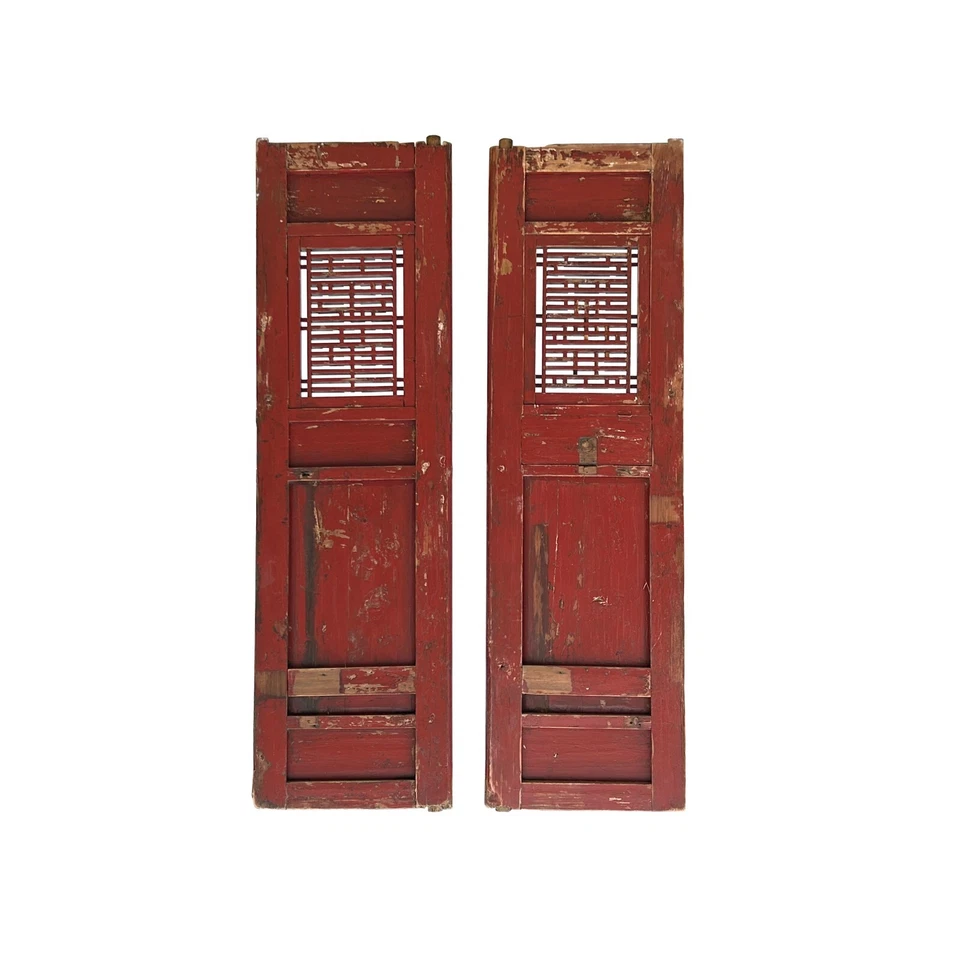 Par de paneles de puerta de pared de madera tallada estilo Fujian rojo chino vintage ws3659 Foto 4 de 4