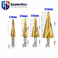 Juego de 3 brocas titanio HSS cono de acero paso cambio rápido vástago corte agujero 1/4"