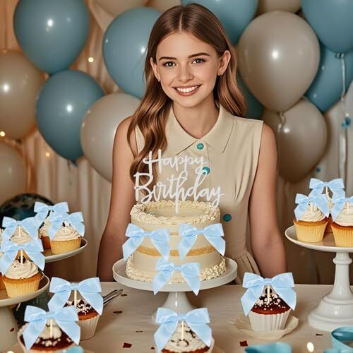 50 Stück Schleifen für Torte blaues Band Schleife Tortendeko mit Happy Birthday Torte... - Bild 3 von 5