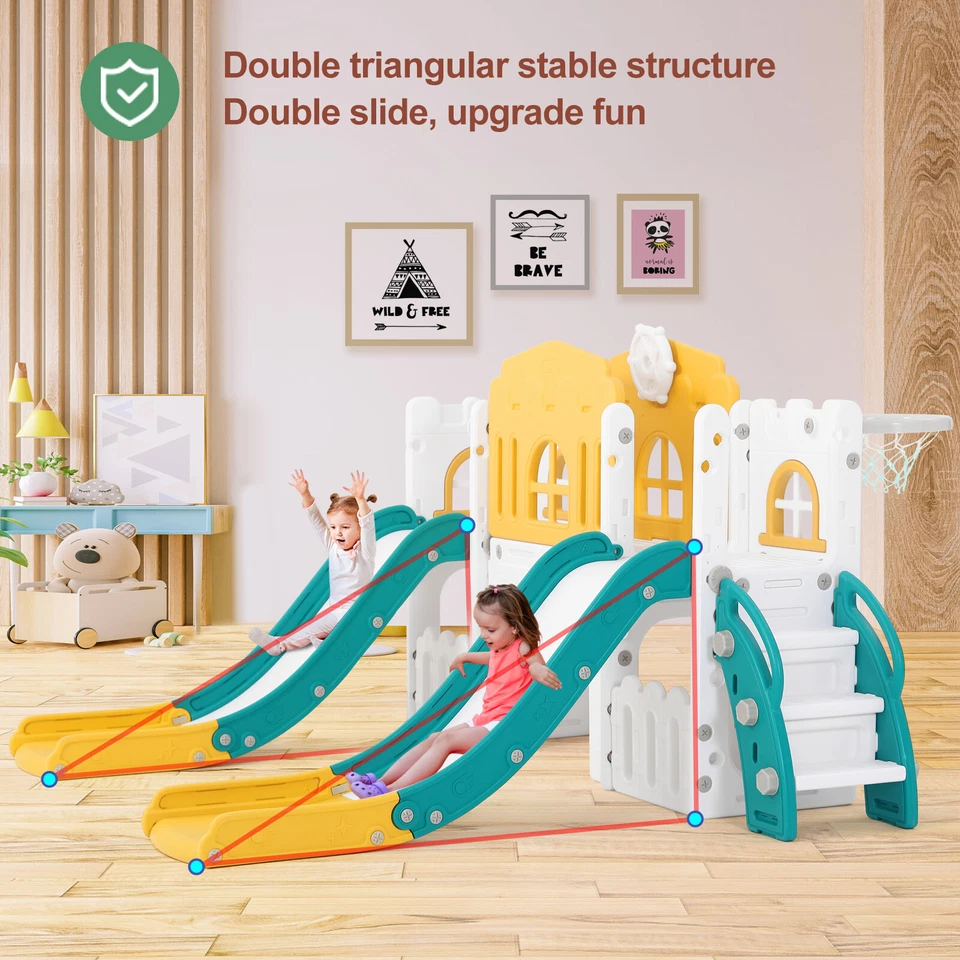 9 in 1 Kids Double Slides Toddler Playground Climb Playset Indoor Outdoor - Image 3 of 4
