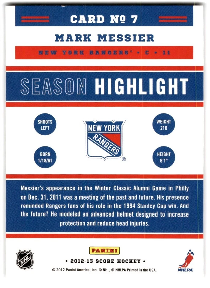 2012-13 Score Season Highlight Mark Messier #7 New York Rangers - Image 2 of 2