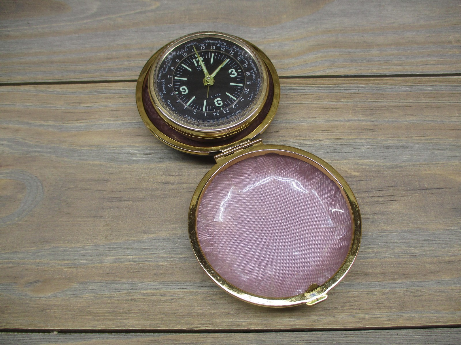 Vintage Bradley Time Travel Alarm Clock Black Gold Wind Up Japan Round Case