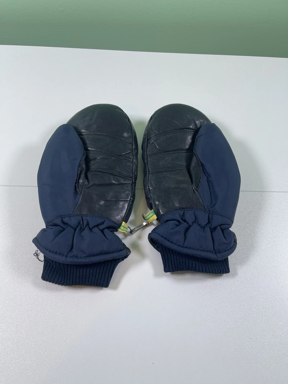 Vintage Kombi Goose Down Mittens Blue Leather size Small Gloves Men