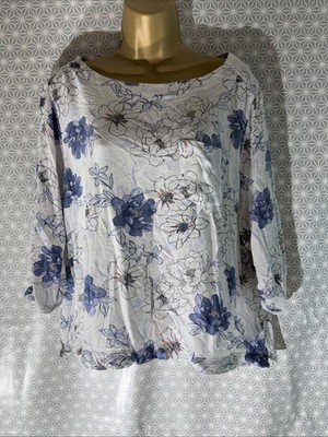 Damenbluse M&S Marks&Spencer Übergröße UK 20 blau-weiß Blumenmuster 1/2-Arm