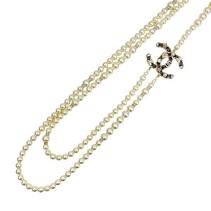 Authentic CHANEL CC Logo Leather Chain Pearl Crystal Long Necklace Gold Plated