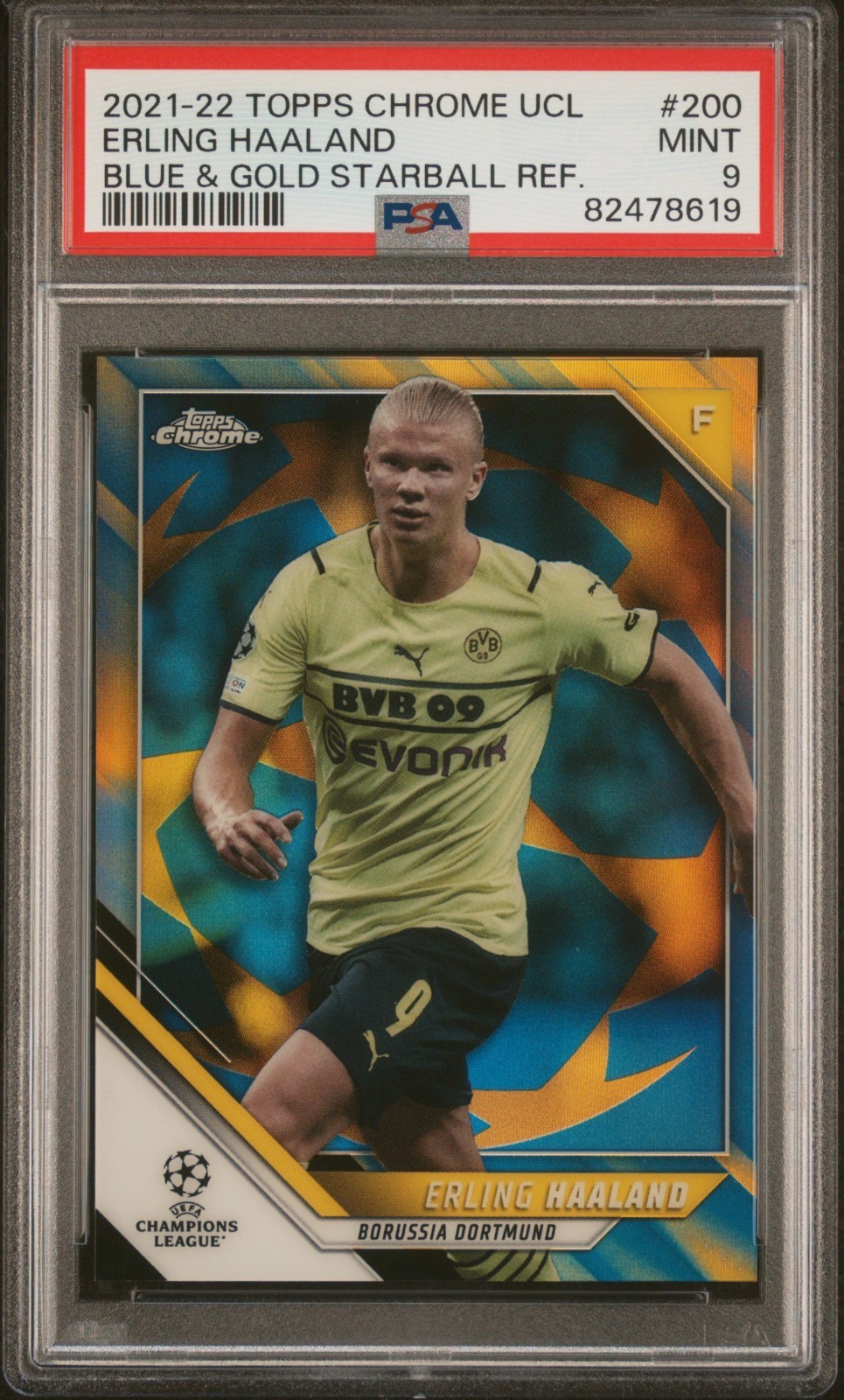 2021 Topps Chrome Uefa League Erling Haaland Blue/Gold Starball REF /75 PSA 9