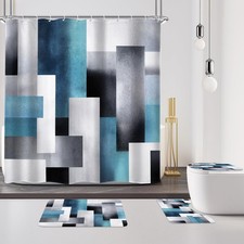 4PCs Blue Grey Abstract Shower Curtain Bathroom Set with Non-Slip Rugs...