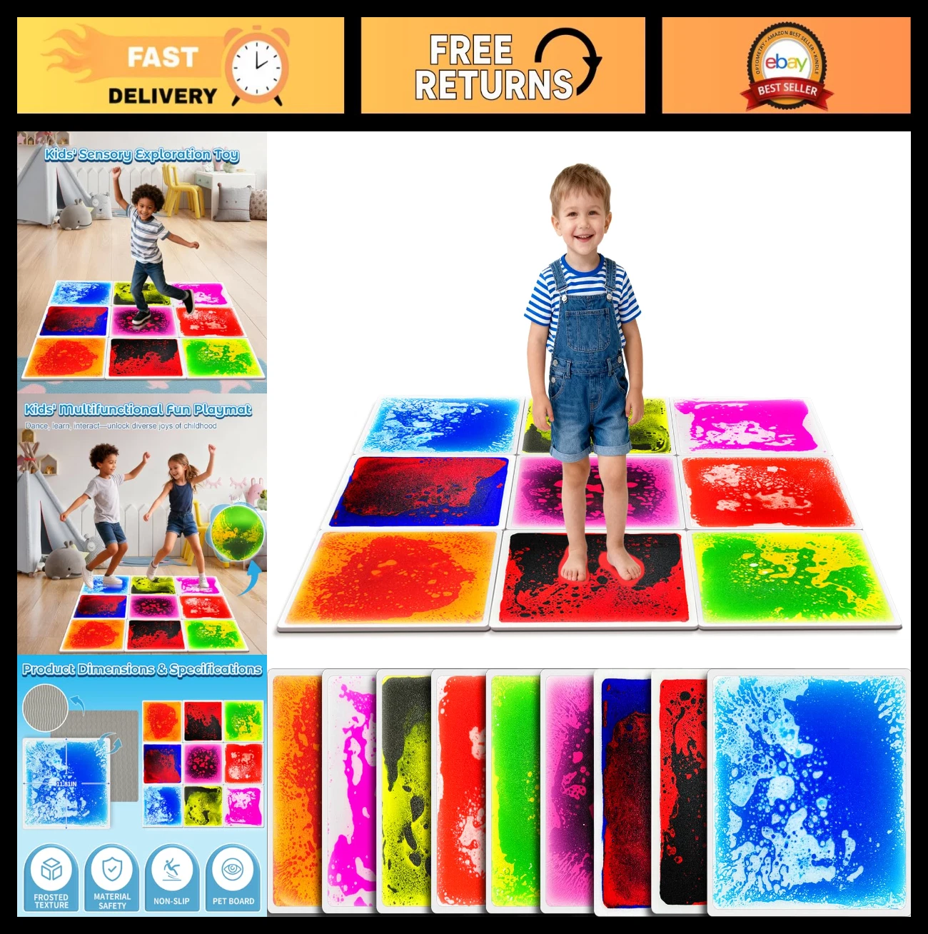 9PCS Sensory Floor Tiles - Waterproof Liquid Play Mats for Kids 3-7Y, Non-Toxic