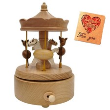 Wooden Carousel Music Box with Moving  Elevating Horses, Rotating Wind-Up De...