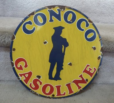 VINTAGE Conoco Gasoline Minuteman Porcelain Enamel Sign 11 3/4''