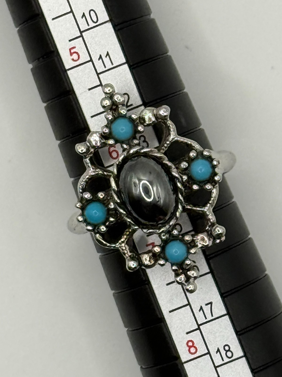 Vintage Avon Ring Mirabella Faux Hermatite Turquoise Silver Tone Sz Adj 6.5