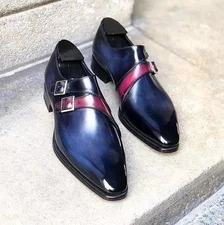 Buy New Bespoke Handmade Blue Leather Double Monk Strap Dress Shoes