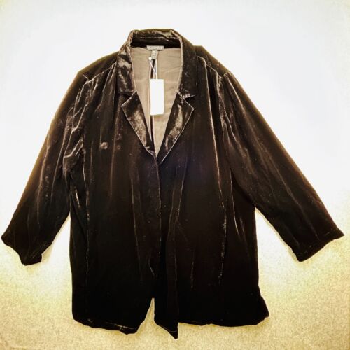 Eileen Fisher Womens Size 1X Black Long Velour Open Front Collared Blazer Jacket - Picture 3 of 11