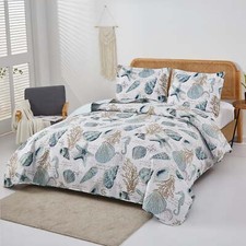 Blue Beige Coral Beach Seashells Conch 3 pc Quilt Set Twin Full Queen King Bed