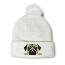 Pom Pom Beanies for Women Pug Dog Face Embroidery Winter Hats for Men Skull Cap