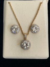 3 PCS Fashion Women Goldtone Pendant Necklace Stud Earrings Set Rhinestone