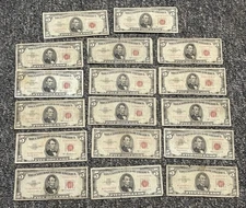 U.S. - (17) Red Seal $5.00 U.S. Notes (1953, 1963) - Lower Grade/Damaged