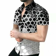 Button Down Shirts Men Hexagon Gradient Black White Short Sleeve Geometric Silky