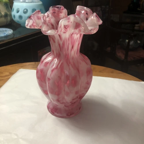 Fenton Vasa Murrhina Rose Mist  8" Tall Ruffled Top  Melon Vase 1965 - 1968