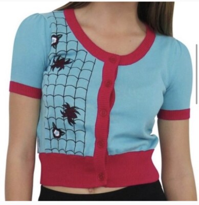 Spiderman Sweater Large Women s Gwen Web Cardigan Blue Short Sleeve Cosplay New