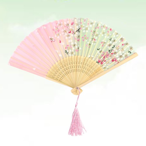 2 Pcs Pink Wooden Bamboo Miss Silk Folding Fan Foldable Hand Held Fans