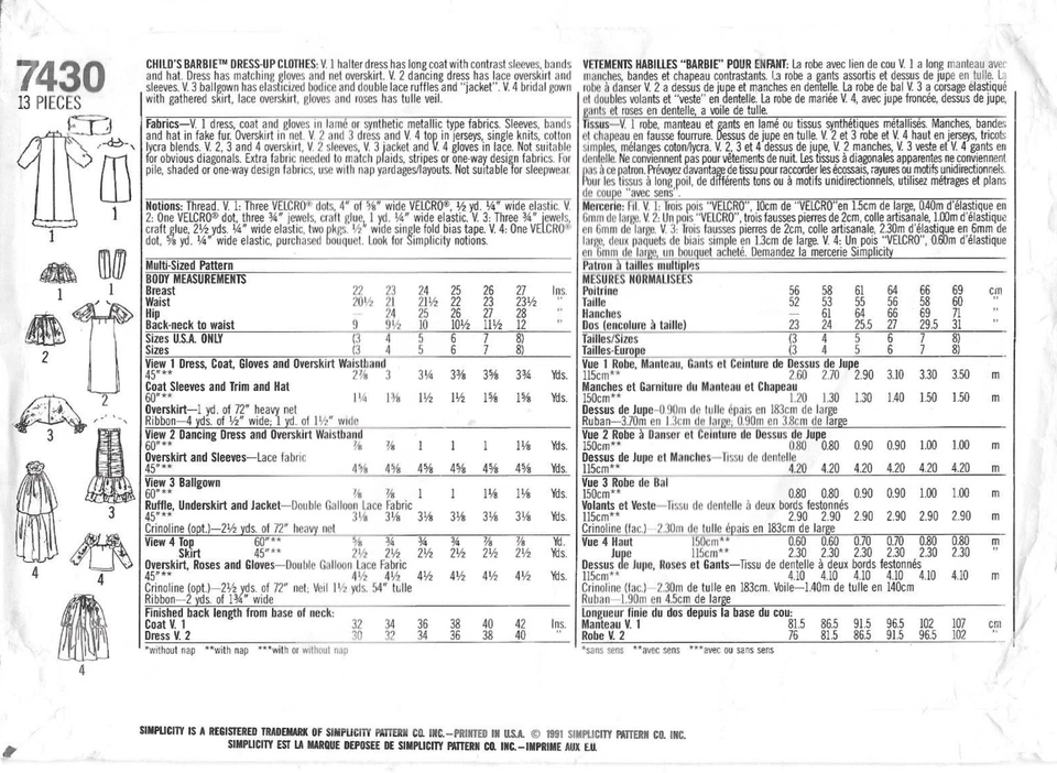 Uncut Simplicity Sewing Pattern # 7430 Girl's Barbie Dress-Up Costumes Size: 3-8 - Image 2 of 2