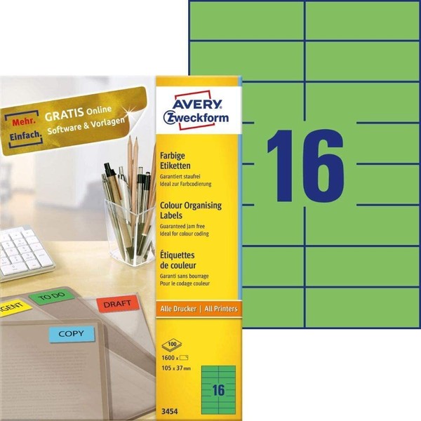 Avery Zweckform 3454 GrüNe Etiketten (1.600 Aufkleber, 105X37Mm Auf A4, Permanen-image