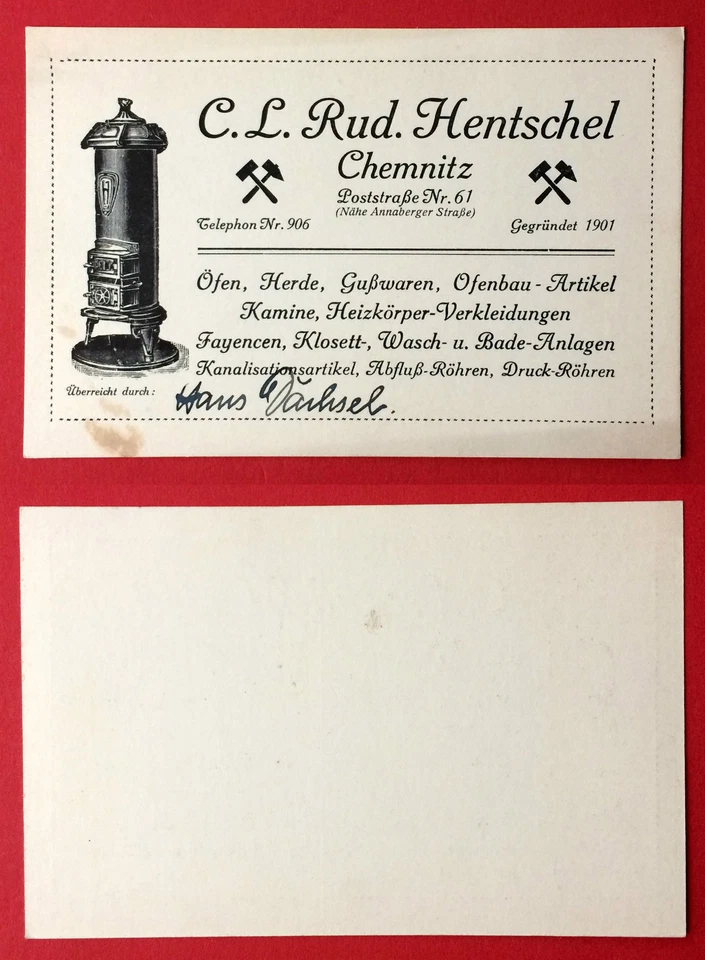 Vertreter Reklame AK CHEMNITZ um 1910 C. L. Rud. Hentschel Öfen Herde   ( 10628 - Bild 1 von 1