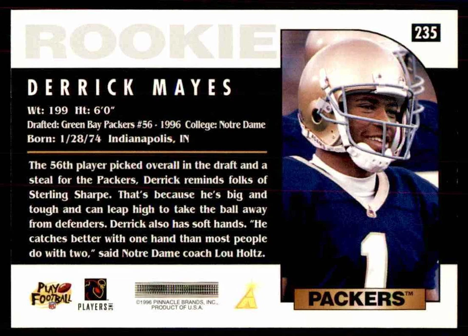 1996 Score Derrick Mayes Rookie Green Bay Packers #235 - Image 2 of 2