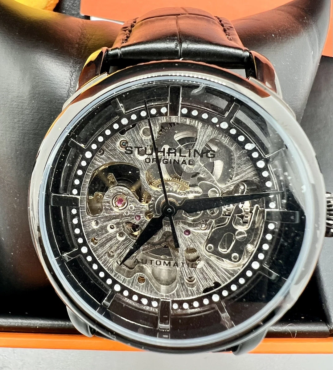 Stuhrling 3933 3 Winchester Automatic Skeleton Black Leather Strap