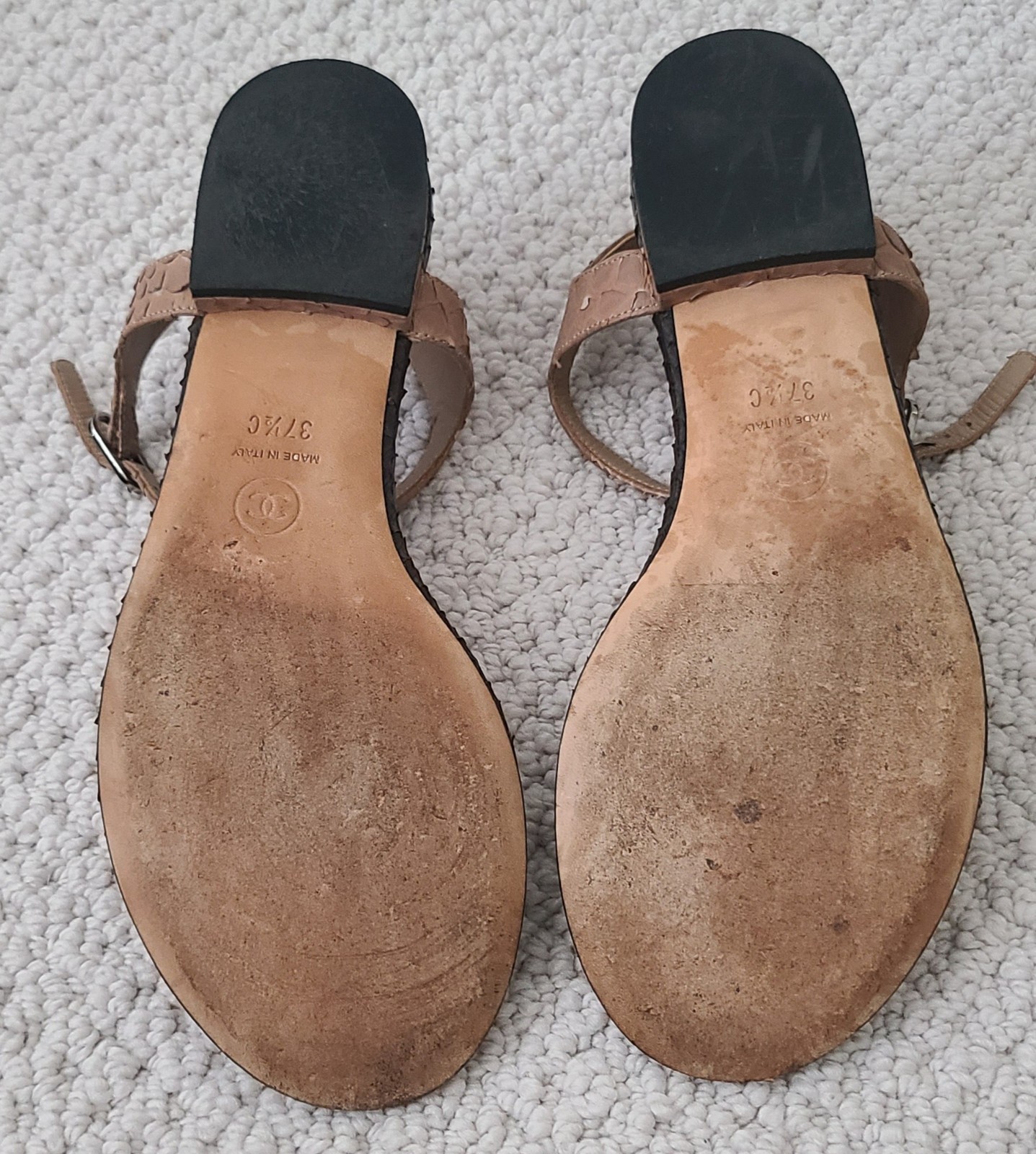 CHANEL Python Leather CC Logo T-Strap Sandals Tan… - image 5