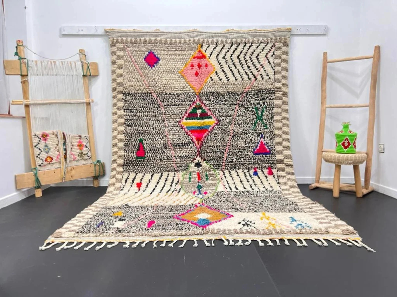 Handmade Color Multicolor Moroccan Berber Beni Ourain Wool Design Carpet Rug