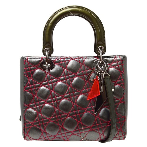 Christian Dior Lady Dior Cannage Stitch Patent Gray Leather Handbag