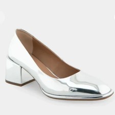 AEROSOLES Block Heel Pump Silver Mirror Metallic Faux Leather NEW  Matte heals 