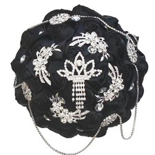 Black Bridal Wedding Bouquet with Bling Brooch Rhinestone String Cascade Sati...