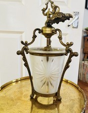 Antique 1920s French  Brass & Etched Glass  Lantern Pendant 38cm