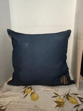 Ralph Lauren Dark Blue Denim Down Throw Pillow Gold Logo Zipper