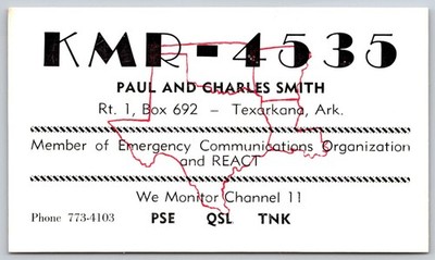 Vintage KMR-4535 Paul & Charles Smith Texarkana, Ark. CB QSL Card REACT C166