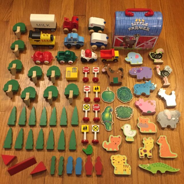 Junk Drawer Lot Wooden Toys Animals Vehicles Trees Tin Farm Box Road Signs Cute