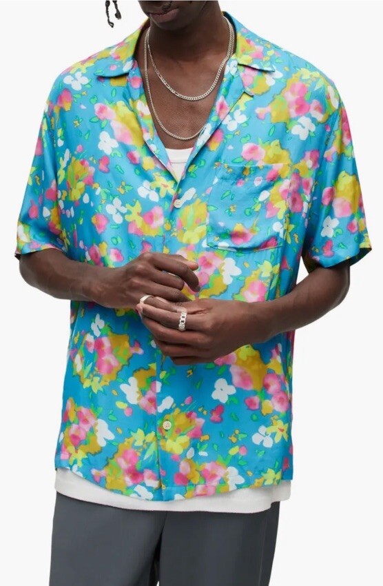 NEW ALLSAINTS Marino Floral Short Sleeve Camp Shirt - Blue/Multicolor - M