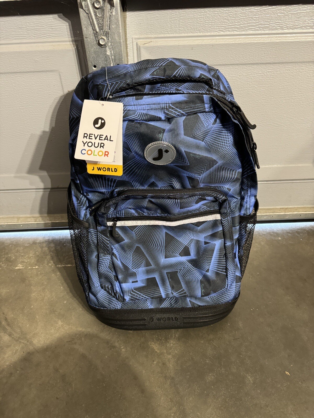 J WORLD NEW YORK SUNRISE ROLLING BACKPACK GEO BLUE PRINT 18" BOOKBAG