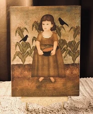 Primitive Folk Art Girl With Corn & Crows, Handcrafted Plaque / Sign "Elizabeth"