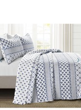 New Lush Decor Monique Blue White Art Pattern Full/Queen Quilt  Shams Set 3pc